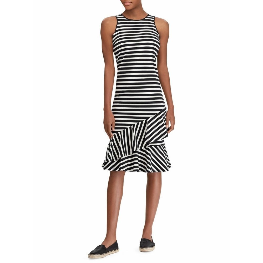 New! RALPH LAUREN Women's Striped Ruffled Hem 100% Cotton Dress Black White